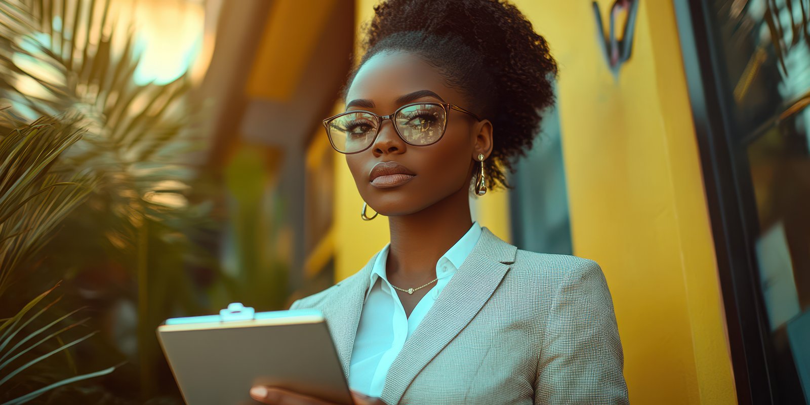 Professional woman holds a clipboard while standing outside a vibrant building in sunlight